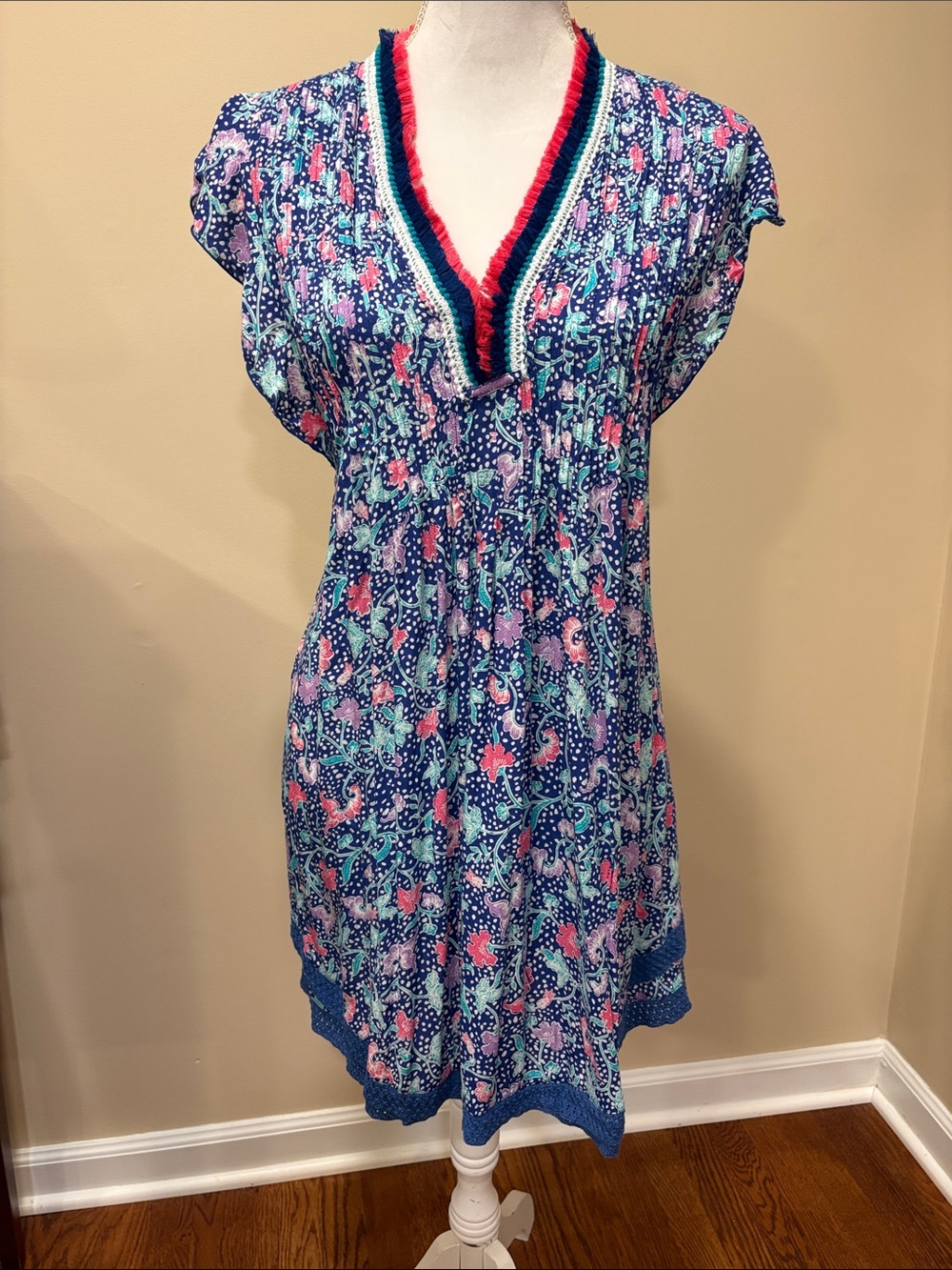 Poupette St. Barth Navy Floral V‑Neck Swim Coverup with Pink and Mint Accents
